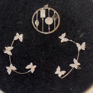 Rhinestone Butterfly Hoop Cuff Earrings with Round Paved Pendant